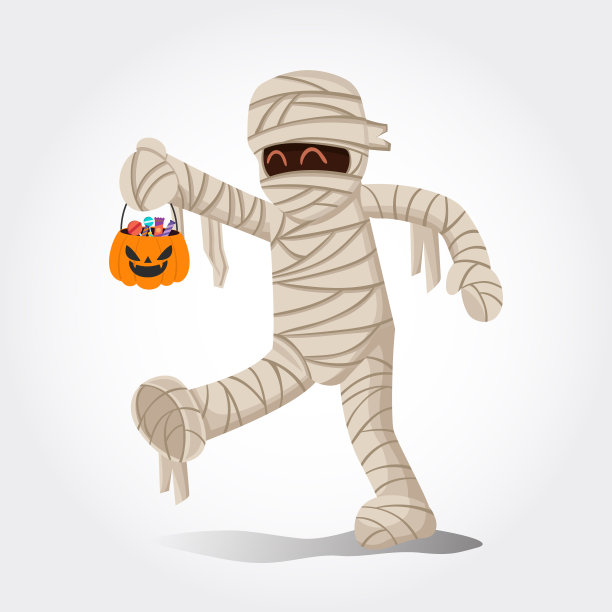 可爱的卡通男孩在木乃伊服装与南瓜袋糖果恶作剧或款待孤立在白色背景素材图片
