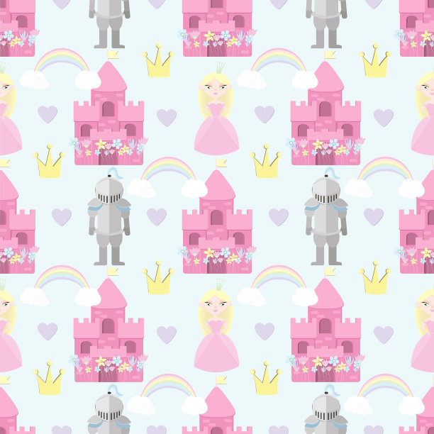 矢量无缝模式城堡，盾牌，马和小王子。可爱的魔法系列与仙女的元素和角色。卡通婴儿背景完美的包装纸或织物织物图片下载