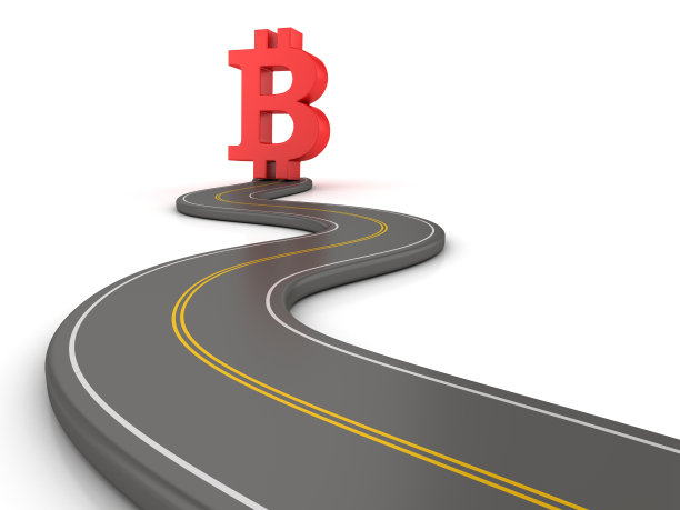 曲折的3D道路与比特币符号- 3D渲染图片下载