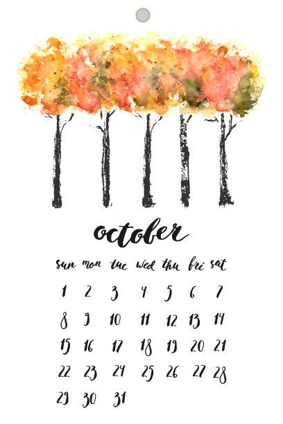 2017年10月日历与水墨书法元素和秋季树木与橙色水彩染色。图片下载