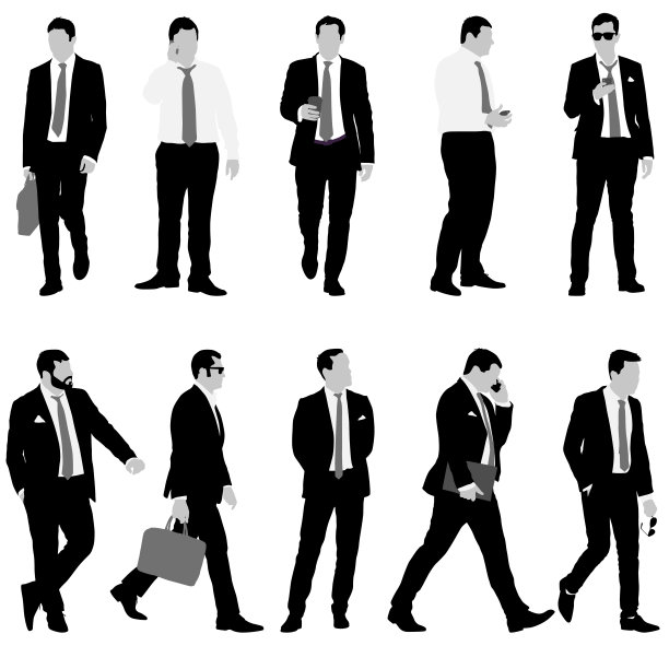 在白色背景上设置剪影商人西装领带图片下载