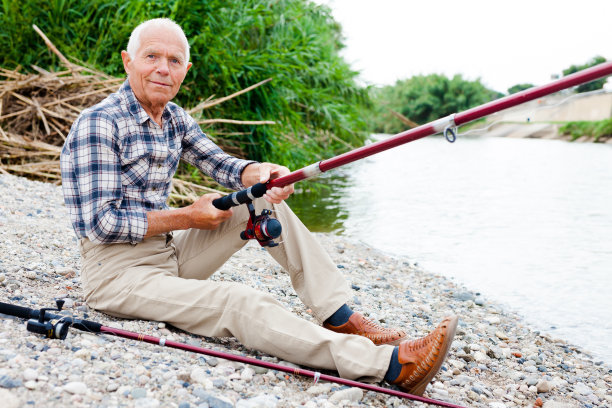 一位老人在湖边钓鱼图片下载