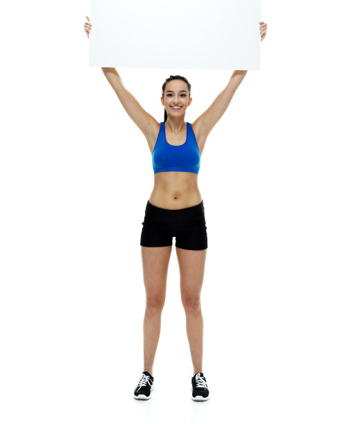 一个人/全长/正面视图18-19岁的成年人美丽的黑发/长头发/马尾辫高加索女性/年轻女性运动员/运动员站在白人背景谁是微笑/快乐/开朗谁正在展示图片下载