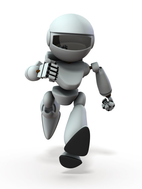 一个向左跑的人工智能机器人。很急。白色背景。3 d演示。图片下载