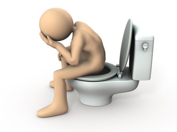 一个在浴室里受苦的角色。他肚子痛。白色背景。3 d演示。图片下载
