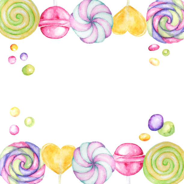 明亮的颜色糖果套装。棒棒糖，白底上的亮色。水彩手绘糖果插图菜单设计，卡片，海报，横幅，邀请。图片下载