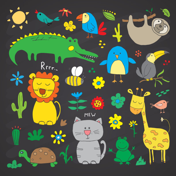 动物涂鸦集。可爱的动物素描。手绘卡通矢量插图在黑板的背景图片下载