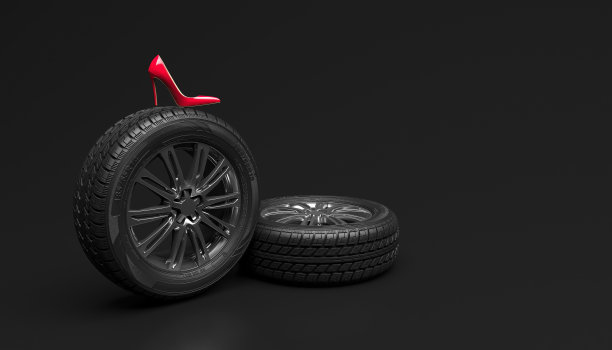车轮和红色女鞋上的黑色背景。创意概念说明。复制空间的文本或标志。3 d渲染。图片下载