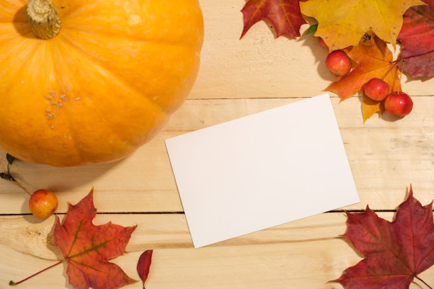 漂亮的秋季装饰南瓜和枫叶和一张照片卡在木桌上图片下载