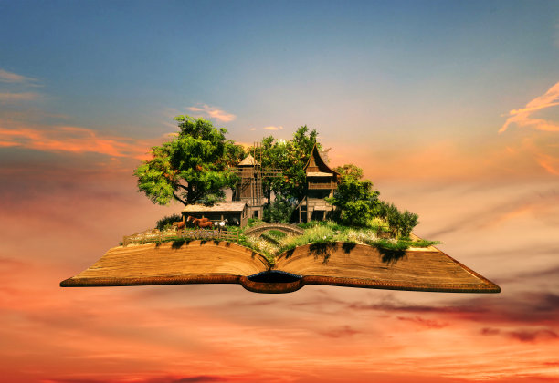 乡村动物农庄与风车在书页上突然浮在橘黄色的天空中图片下载