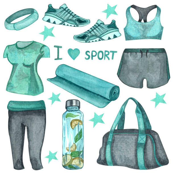 水彩健身收集健身房，运动或健身女性套装。运动用品:水瓶，手表，包，瑜伽垫，t恤，运动鞋，孤立的白色背景图片下载