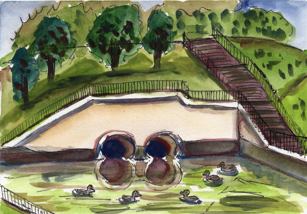 城市素描水彩插图桥，山，楼梯，建筑，城市景观，景观公园，花园，池塘，鸭子，绿树，蓝天图片下载