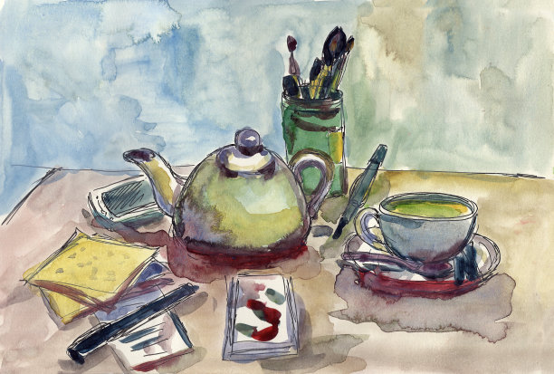 素描、水彩、插画、茶壶、茶杯、陶瓷、教育、铅笔、笔刷、文具等图片下载