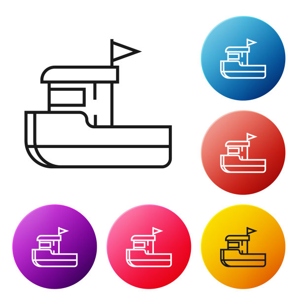 黑线渔船图标孤立在白色背景。设置彩色圆形按钮图标。矢量图图片下载