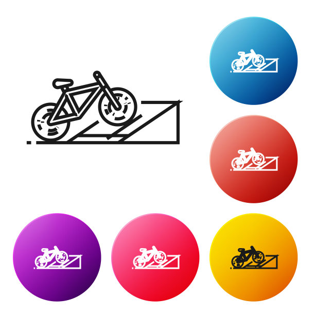 黑色线自行车在街道匝道图标孤立的白色背景。溜冰场。极限运动。运动设备。设置彩色圆形按钮图标。矢量图图片下载