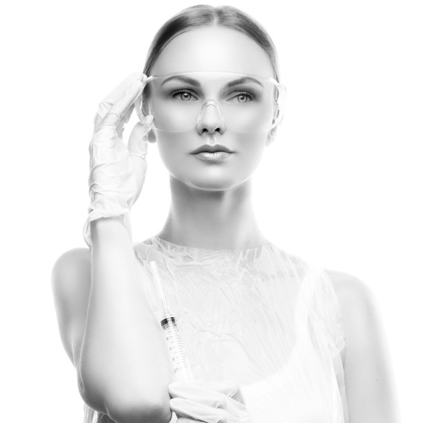 女医生，护士或外科医生画室肖像。黑色和白色图片下载