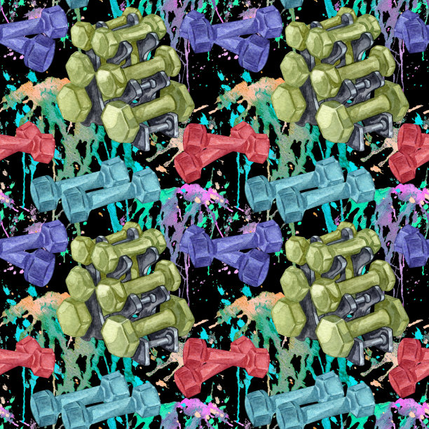 水彩无缝模式的健身房，运动或健身的东西上白色。重复的背景与体育元素完美的问候礼物纸或卡片制作。我爱运动图片下载