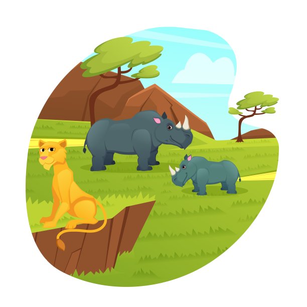 母狮子在岩石上放松，犀牛妈妈和犀牛宝宝图片下载