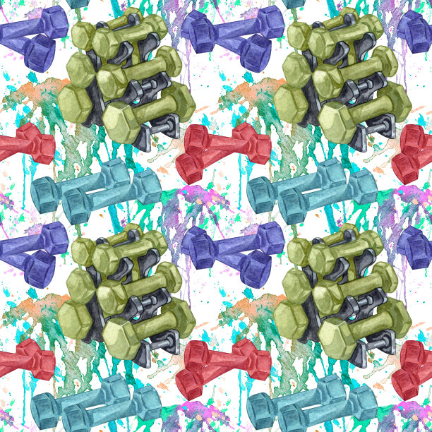 水彩无缝模式的健身房，运动或健身的东西上白色。重复的背景与体育元素完美的问候礼物纸或卡片制作。我爱运动图片下载