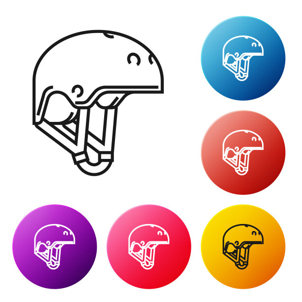 黑线头盔图标孤立在白色背景。极限运动。运动设备。设置彩色圆形按钮图标。矢量图图片下载