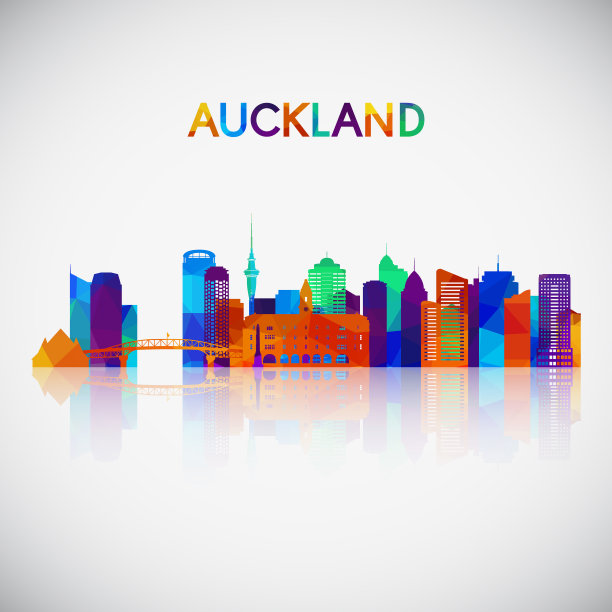 奥克兰天际线轮廓在多彩的几何风格。你的设计符号。矢量插图。图片下载