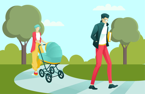 年轻的母亲散步的婴儿，男人在公园散步图片下载