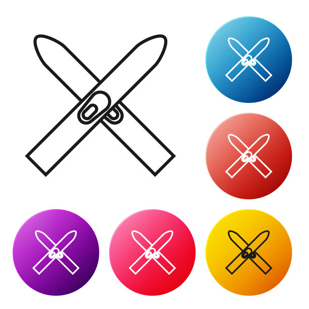 黑线滑雪和棍棒图标孤立在白色背景。极限运动。滑雪设备。冬季运动图标。设置彩色圆形按钮图标。矢量图图片下载