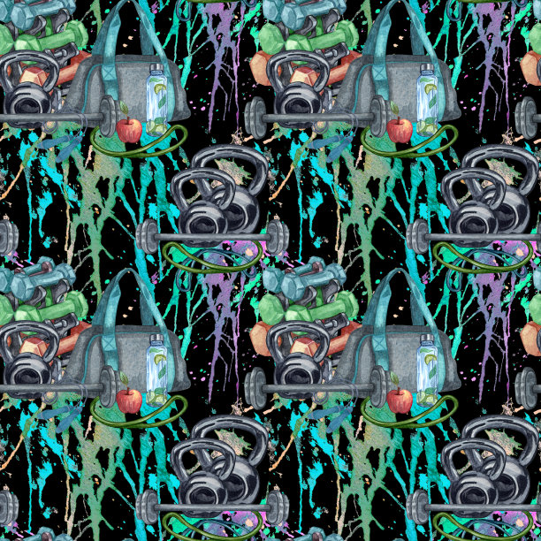 水彩无缝模式的健身房，运动或健身的东西上白色。重复的背景与体育元素完美的问候礼物纸或卡片制作。我爱运动图片下载