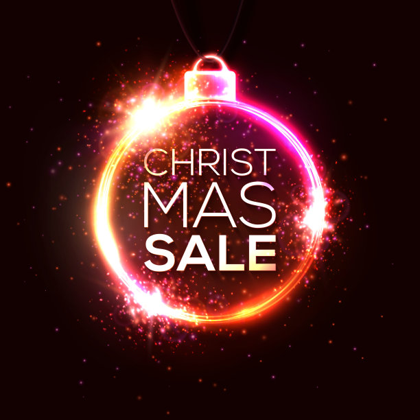 圣诞节销售海报。霓虹灯广告横幅。圣诞装饰框架与火花烟花爆炸。发光的霓虹灯折扣卡。庆祝矢量插图在红色的背景图片下载