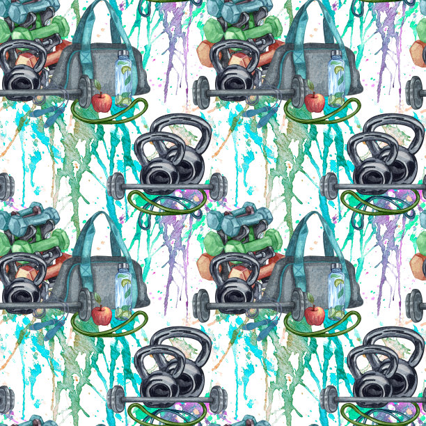 水彩无缝模式的健身房，运动或健身的东西上白色。重复的背景与体育元素完美的问候礼物纸或卡片制作。我爱运动图片下载