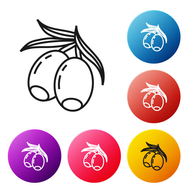 黑线橄榄枝图标孤立在白色背景。设置彩色圆形按钮图标。矢量图图片下载