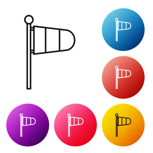 黑色线锥气象学风向标志风向标孤立在白色背景。风向标指示风向和风力。设置彩色圆形按钮图标。矢量图图片下载