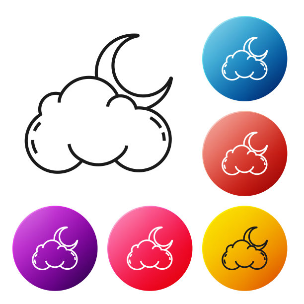 黑色线云与月亮和星星的图标孤立在白色的背景。多云的夜晚的迹象。睡眠的梦想的象征。晚上或睡觉的时间标志。设置彩色圆形按钮图标。矢量图图片下载