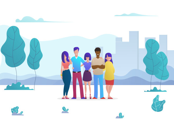 一群年轻的朋友在城市公园里拥抱。图片下载