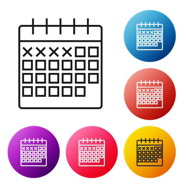 黑线日历图标孤立在白色背景上。设置彩色圆形按钮图标。矢量图图片下载