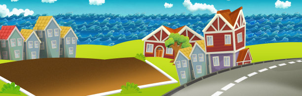 卡通的快乐和有趣的场景，一个城市和海洋的中心在不同的背景使用图片下载