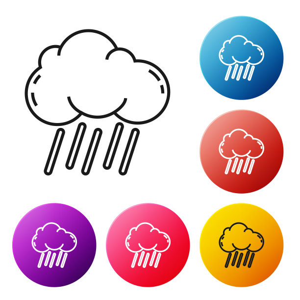黑色线云与雨图标孤立在白色背景。雨云与雨滴一起沉淀。设置彩色圆形按钮图标。矢量图图片下载