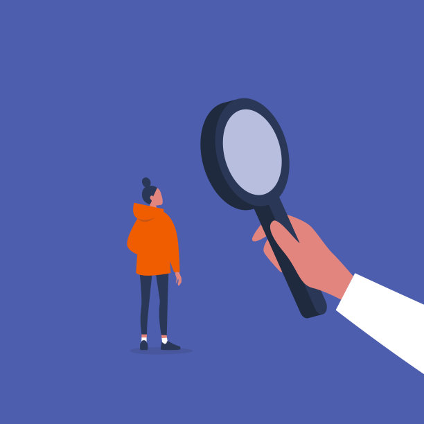 手里拿着放大镜。扩大规模。人力资源管理。寻找一名雇员。概念商业插图。平面可编辑矢量插图，剪辑艺术素材图片