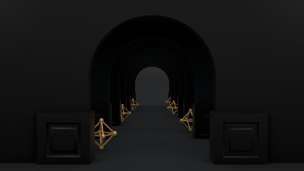 3D抽象隧道门黑色背景，空产品站，平台，讲台图片下载