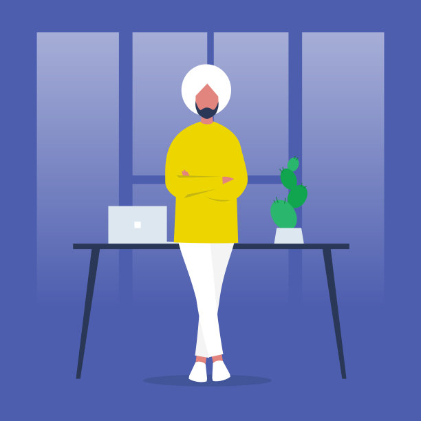 一家公司的年轻CEO。印度男性角色靠在桌子上。办公室生活。市场营销。管理。平面可编辑矢量插图，剪辑艺术图片下载