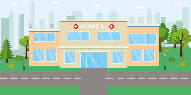 医院大楼和附近的公园，卡通诊所，城市景观背景，图片下载