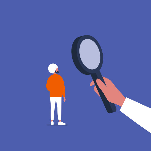 手里拿着放大镜。扩大规模。人力资源管理。寻找一名雇员。概念商业插图。平面可编辑矢量插图，剪辑艺术素材图片