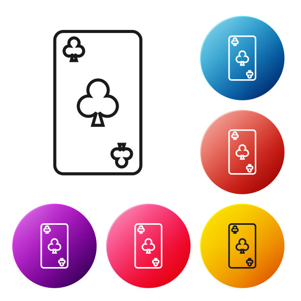 黑线一种纸牌，纸牌上的梅花符号图标孤立在白色背景上。赌场赌博。设置彩色圆形按钮图标。矢量图图片下载