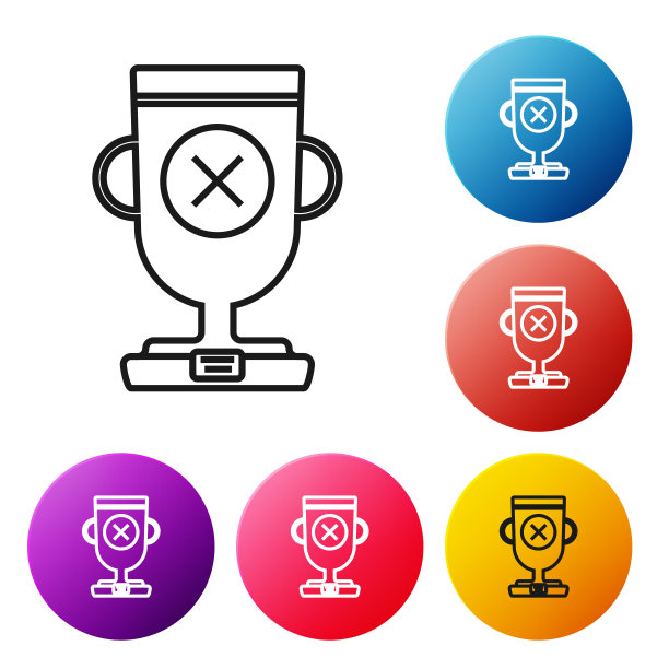 黑线奖杯图标孤立在白色背景。冠军奖杯的象征。冠军或比赛奖杯。体育成就的迹象。设置彩色圆形按钮图标。矢量图图片下载