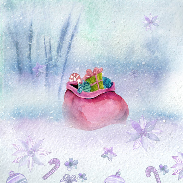 礼物袋，圣诞玩具在水彩冬天的背景。图片下载