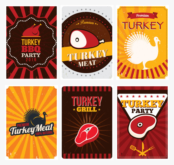 彩色的土耳其海报和设计元素的商店，肉类部门和广告。火鸡海报，贴纸，复古感恩节风格的标签。孤立的图片下载