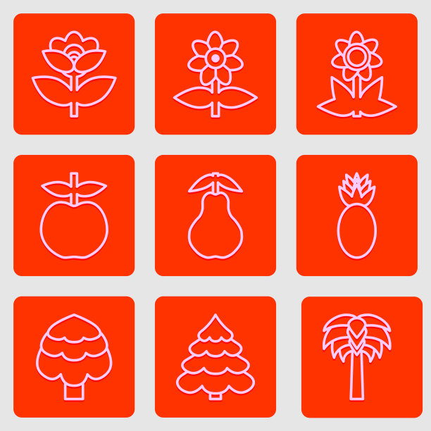 一套简单的平面图标花，树和水果。时尚的色彩设计。图片下载