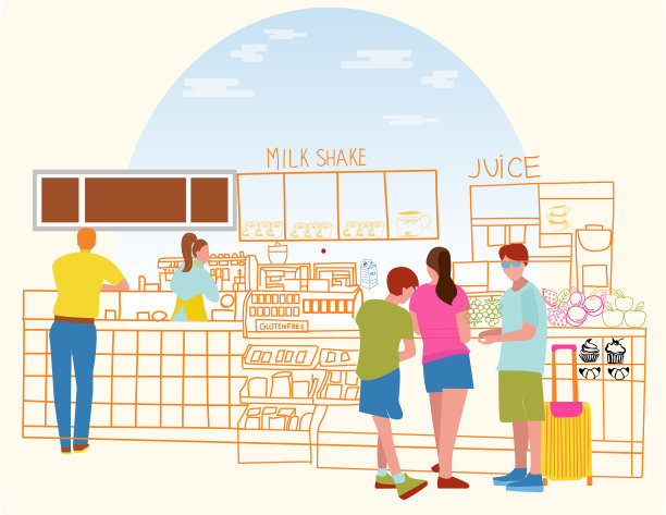 自助餐厅与果汁吧，柜台，咖啡师服务的咖啡和站顾客。图片下载