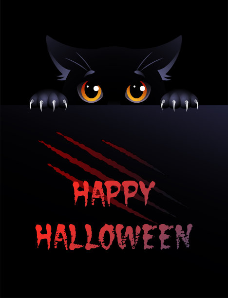 万圣节快乐。可爱的黑猫与红色的眼睛在黑色的背景。图片下载