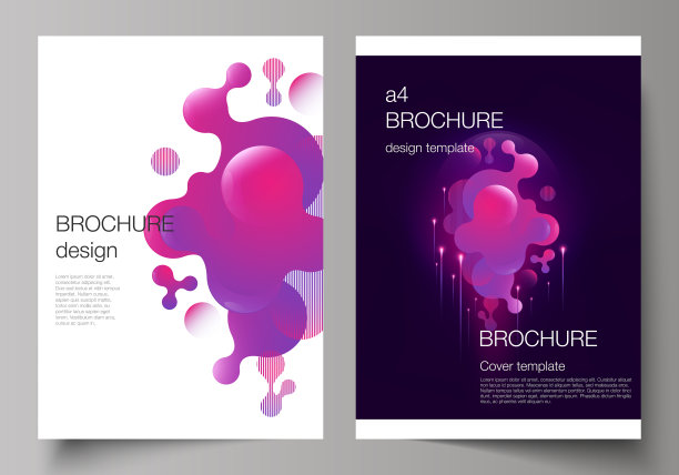 矢量布局A4格式现代封面模型设计模板的小册子，杂志，传单，小册子，年度报告。黑色背景与流体梯度，液体粉红色的几何元素。图片下载